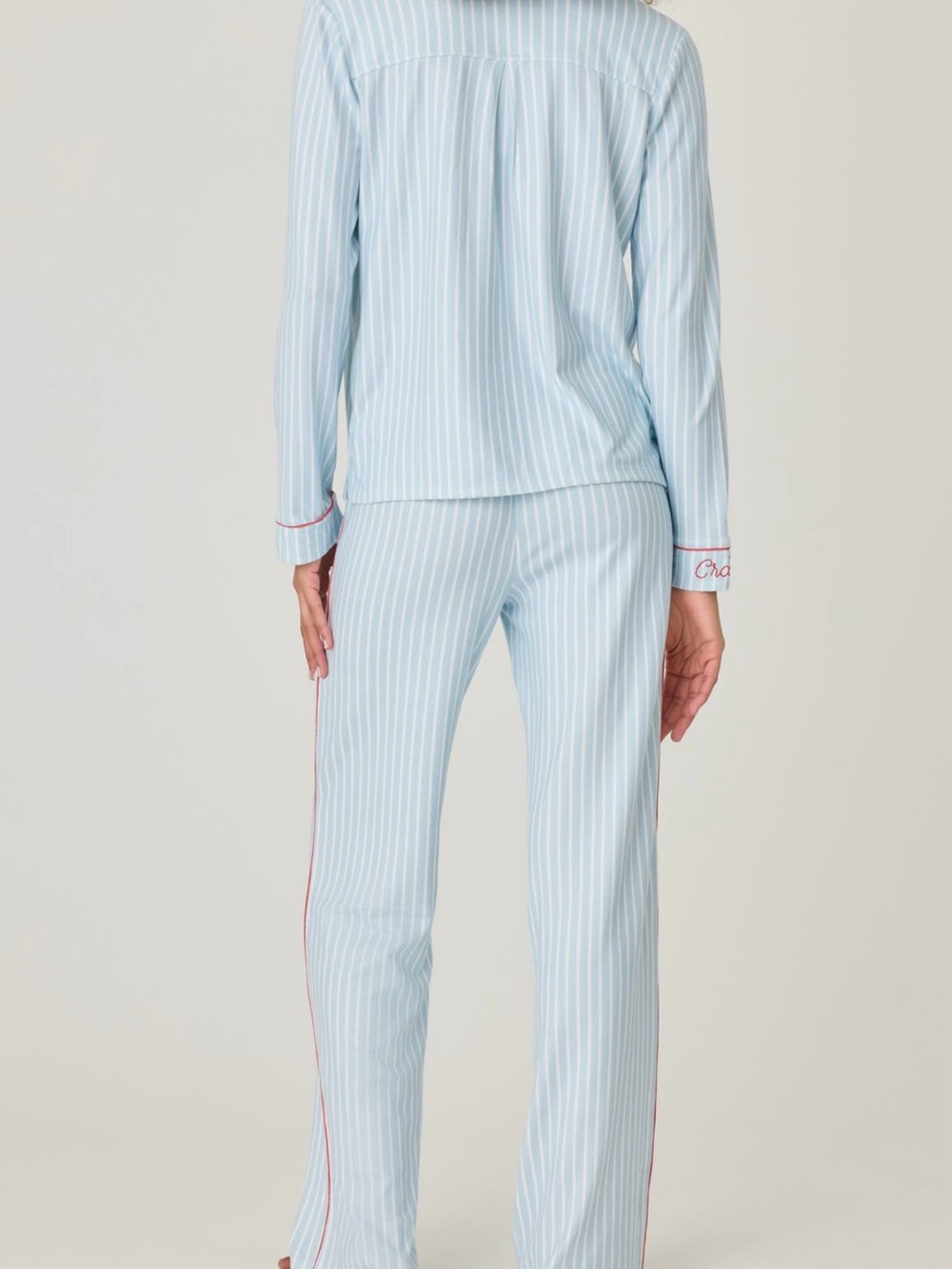 P.J. Salvage Light Blue and White Striped Pajama Set with Red Trim - Picture 13 of 15